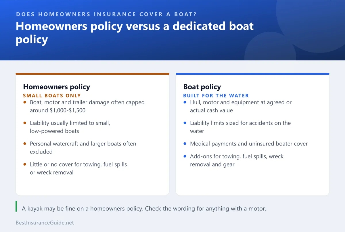 Comparison of what a homeowners policy typically covers for a boat and what a dedicated boat policy covers