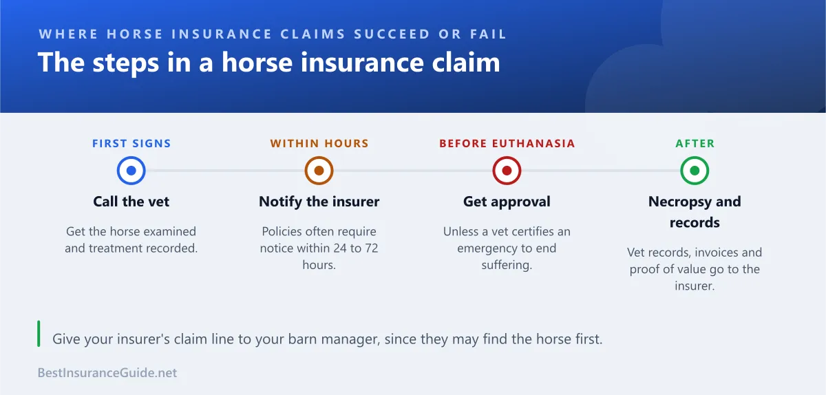 Timeline of the steps in a horse insurance claim from the first sign of illness to payment