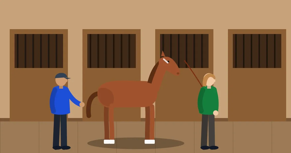 Illustration of an equine veterinarian examining a chestnut horse in a stable aisle while its owner holds the lead rope