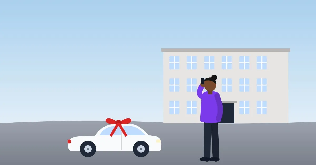 Illustration of a new car owner checking their phone beside a newly bought car with a big red bow