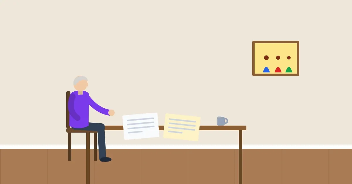 Illustration of a woman sorting paperwork at her dining table beside a framed family photo and a cup of tea