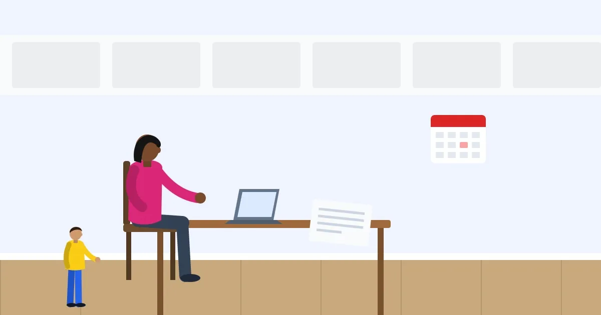 Illustration of a mother with her toddler filling out an application on a laptop at the kitchen table