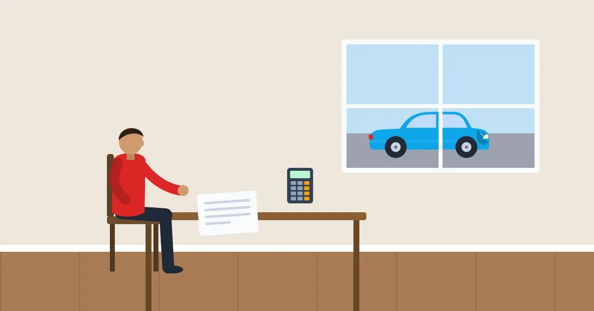 Illustration of a driver at home reviewing a car insurance renewal letter with a calculator, a dented car outside the window