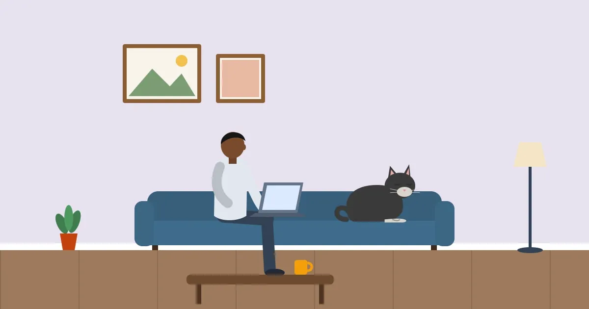 Illustration of a man typing on a laptop on his sofa while his cat sleeps curled up beside him