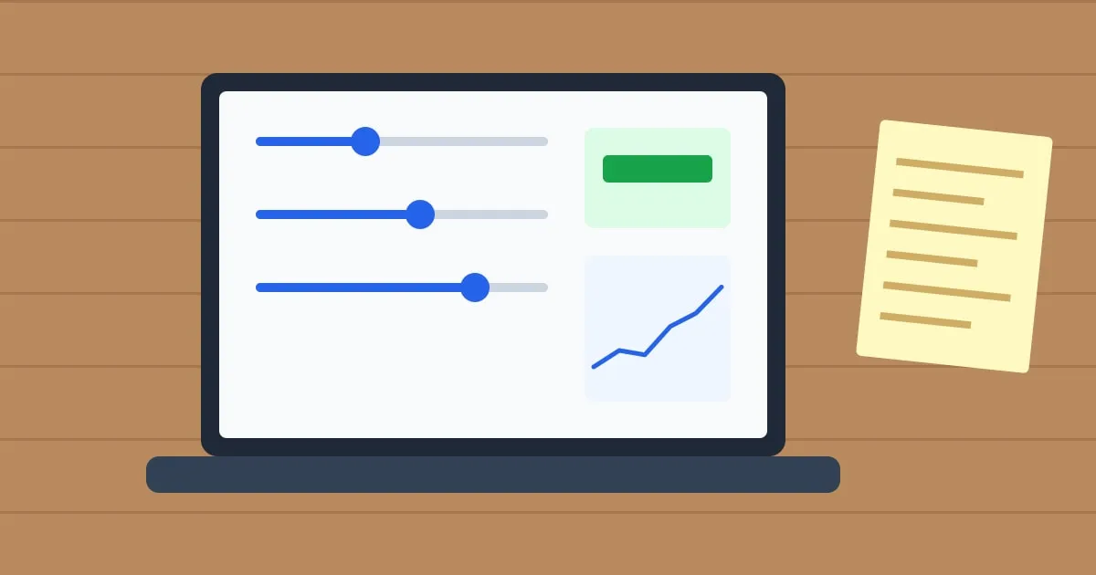 Illustration of a laptop showing an online insurance calculator with sliders, a notepad of figures beside it