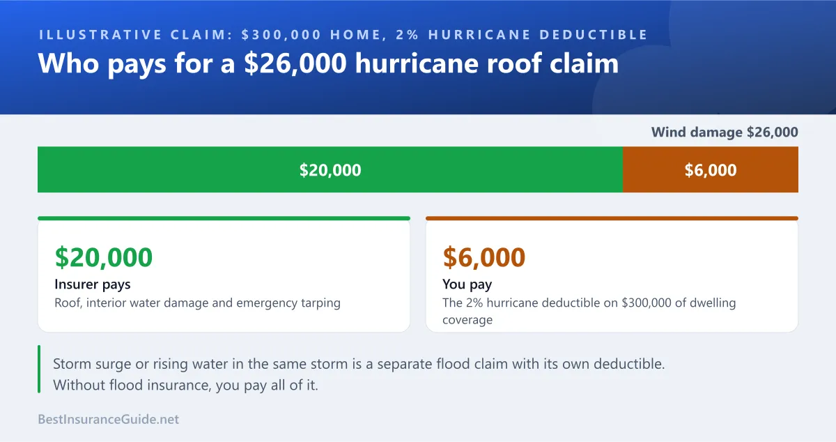 Diagram showing how a $26,000 hurricane roof claim splits between the homeowner's deductible and the insurer's payment
