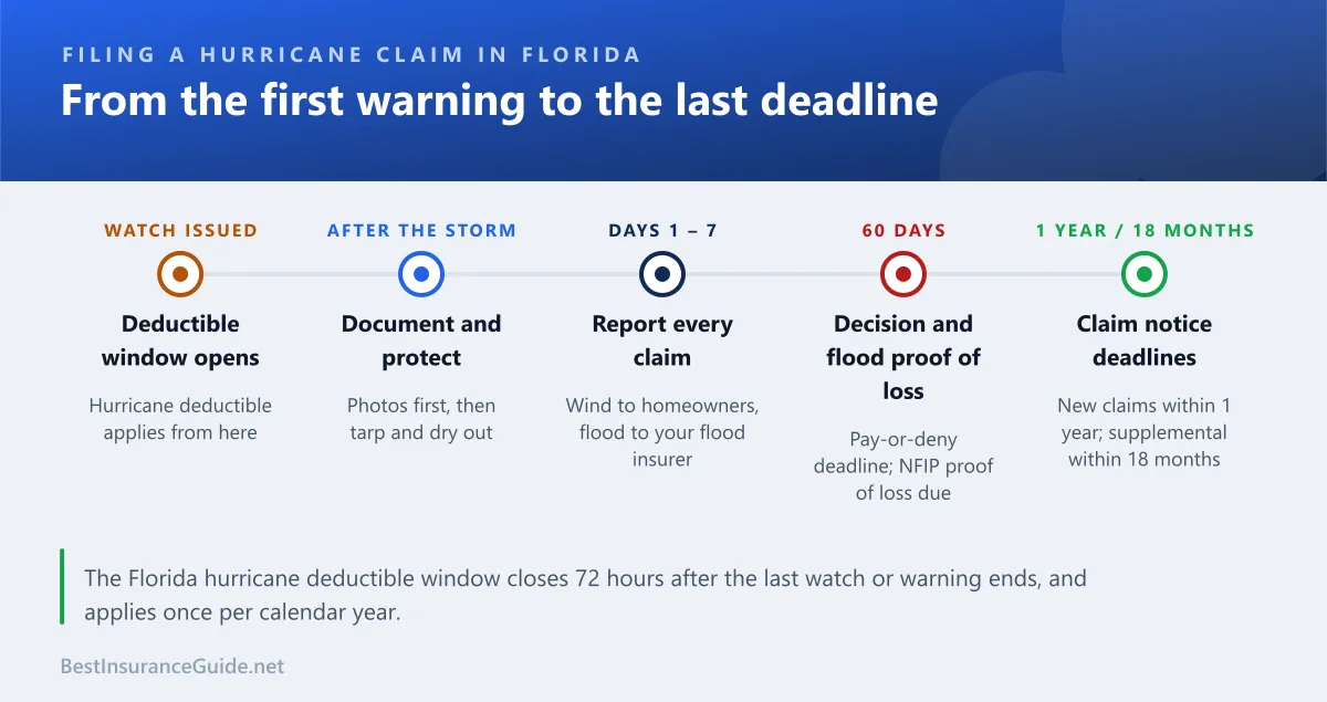 Timeline of a hurricane insurance claim from the hurricane watch to the supplemental claim deadline
