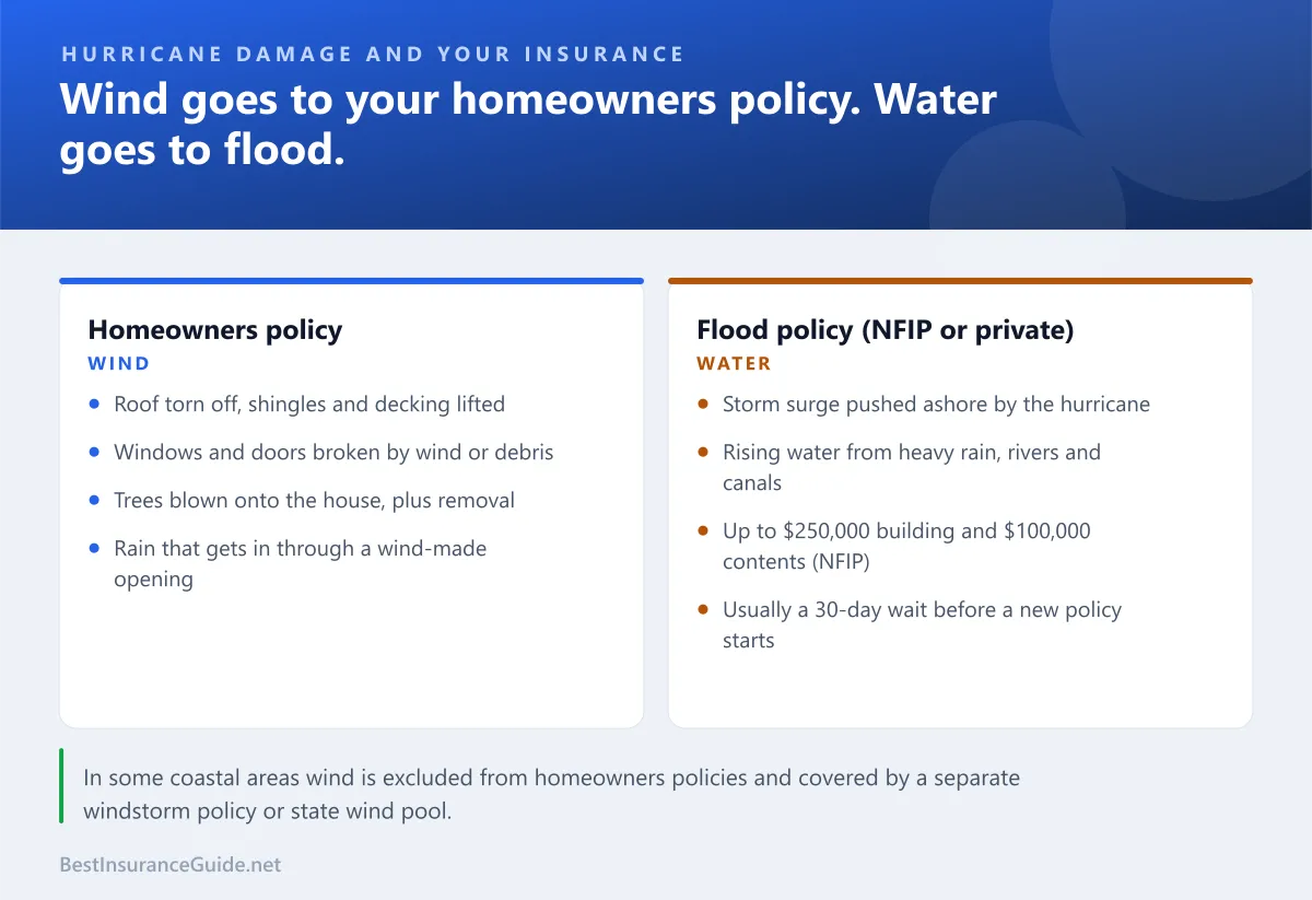 Comparison of hurricane damage covered by homeowners insurance versus flood insurance
