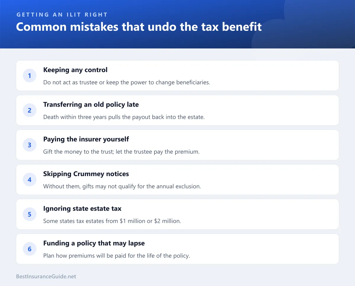 Checklist of common ILIT mistakes that undo the tax benefit: keeping any control, transferring an old policy late, paying the insurer yourself, skipping Crummey notices, ignoring state estate tax and funding a policy that may lapse