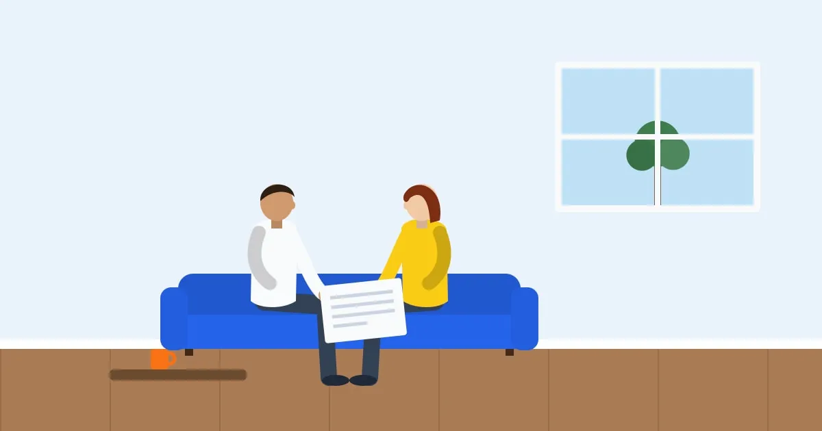 Illustration of a young couple reading insurance documents together on the sofa with coffee