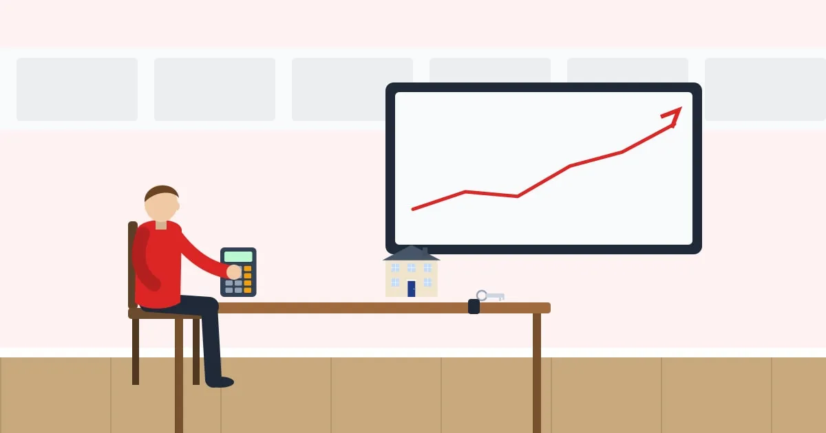 Illustration of a homeowner looking at a rising price chart on a tablet at the kitchen table
