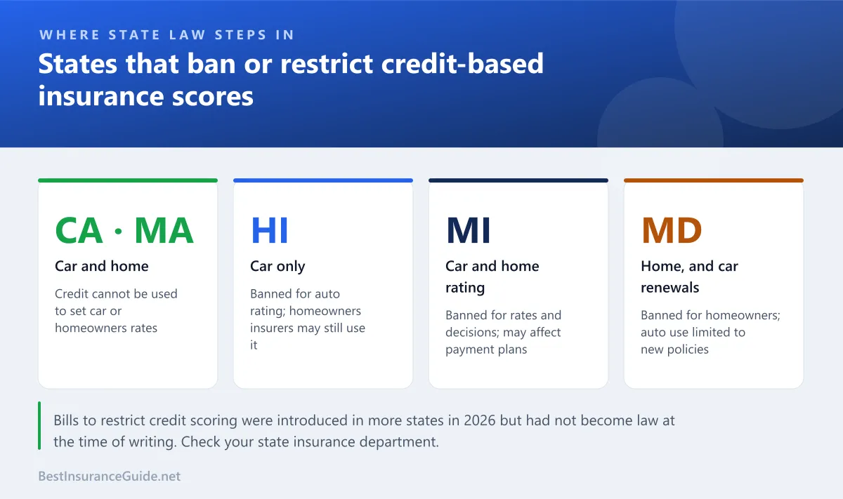 Statistics panel summarizing which US states ban or restrict credit-based insurance scores for car and home insurance
