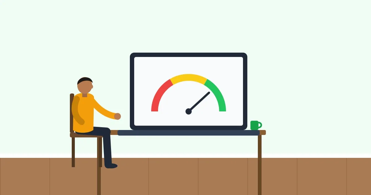 Illustration of a person checking a credit-based insurance score gauge on a laptop at home