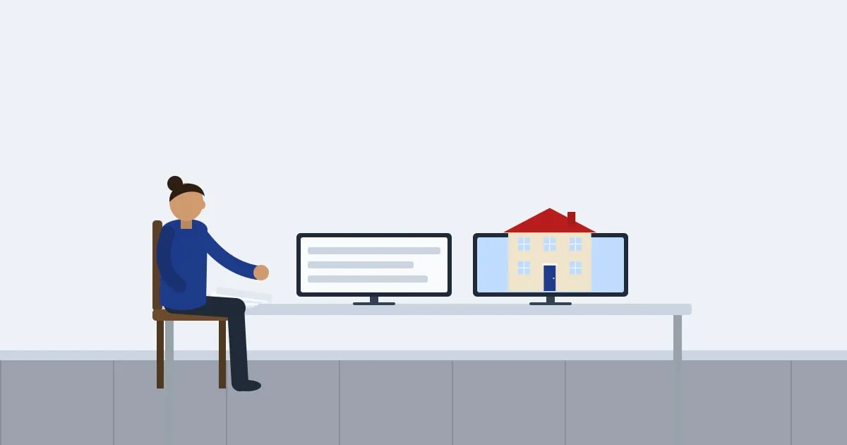 Illustration of an underwriter studying risk documents and a property photo on two monitors