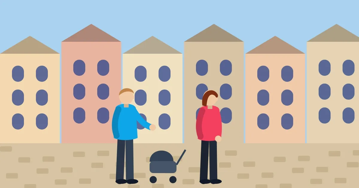 Illustration of an expat family walking with a stroller through a sunny European old-town square