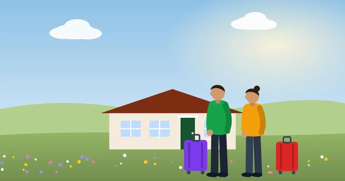 Illustration of a couple arriving with suitcases at a rented countryside cottage with a garden