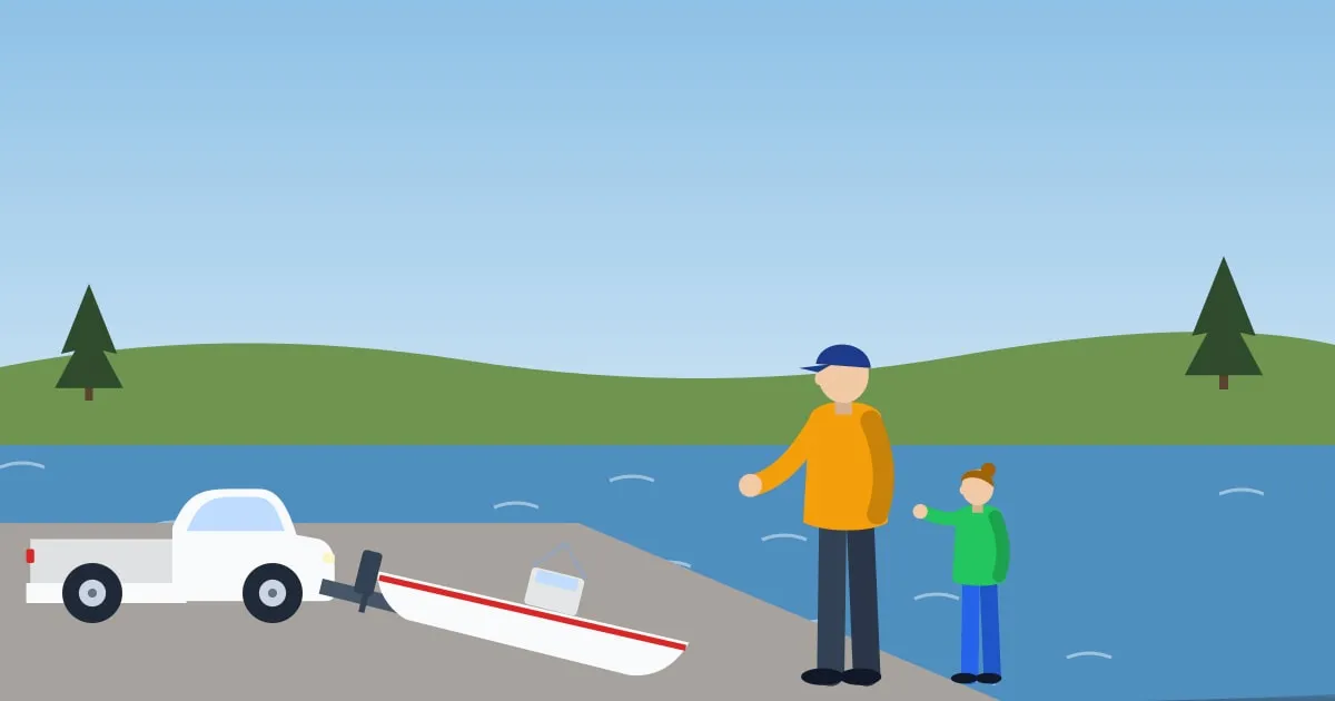 Illustration of a family launching a boat from a trailer at a lake boat ramp
