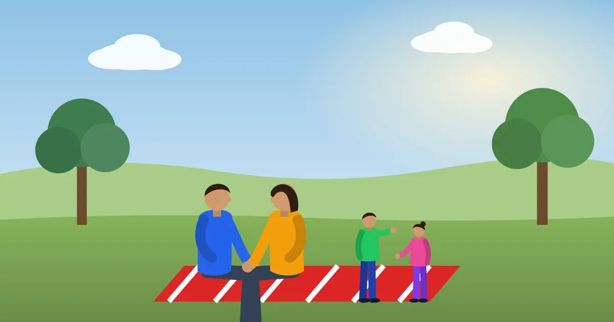 Illustration of a young family of four relaxing on a picnic blanket in a sunny park