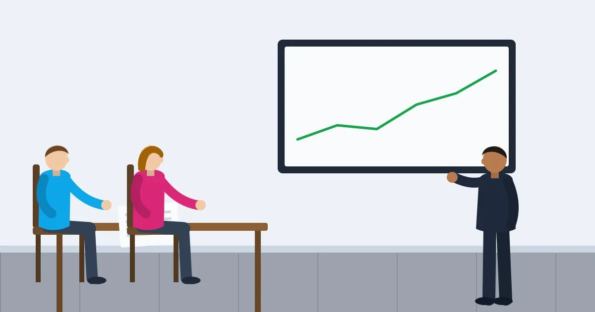 Illustration of a financial planner showing a couple a long-term growth chart