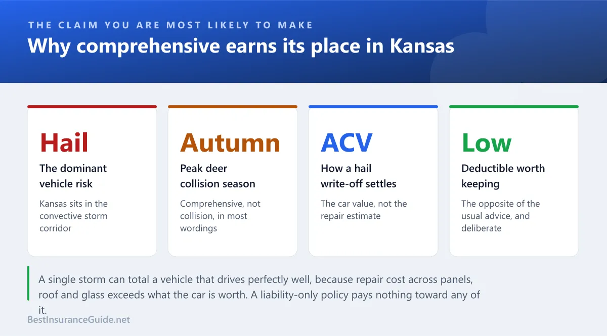 Statistics panel showing why comprehensive coverage matters in Kansas, covering hail, wind, deer collisions and theft