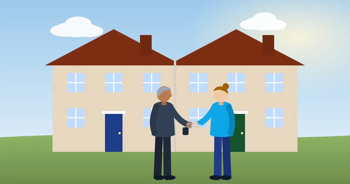 Illustration of a landlord handing keys to a new tenant at the front door of a duplex