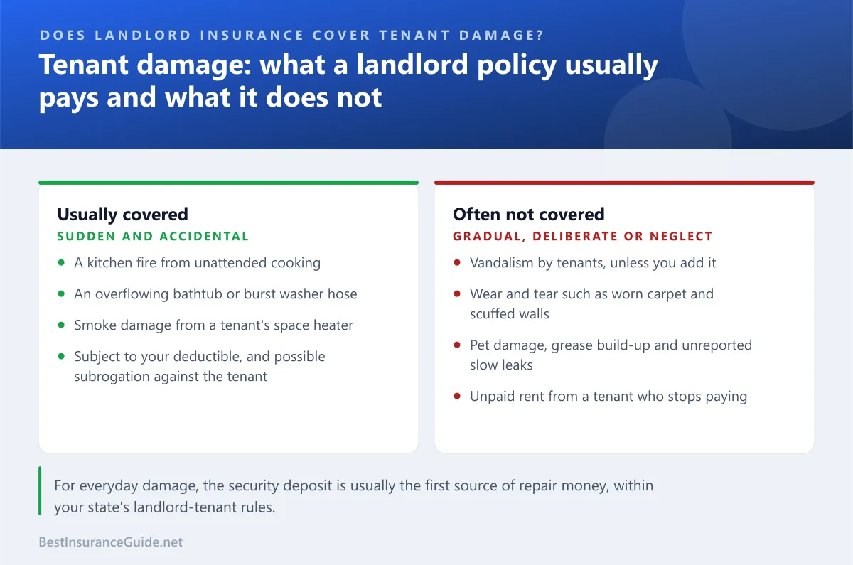 Comparison of tenant-caused damage that landlord insurance typically covers and damage it typically does not