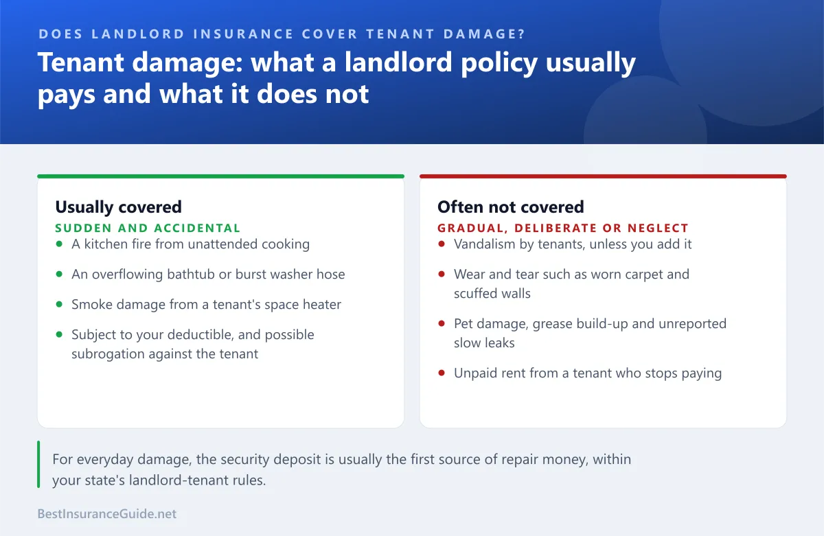 Comparison of tenant-caused damage that landlord insurance typically covers and damage it typically does not