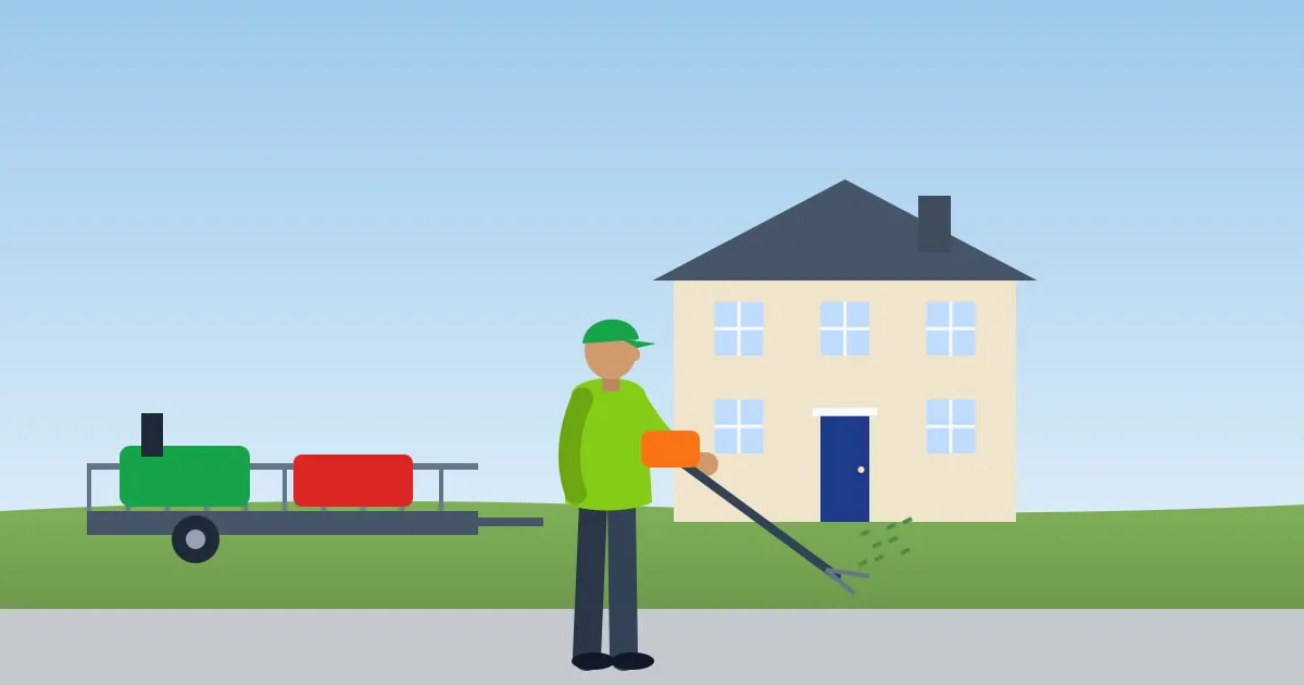 Illustration of a landscaper trimming a lawn edge in front of a house, a work trailer with mowers behind