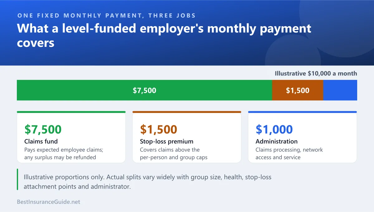 Split bar showing an illustrative breakdown of a level-funded employer's fixed monthly payment into claims fund, stop-loss premium and administration