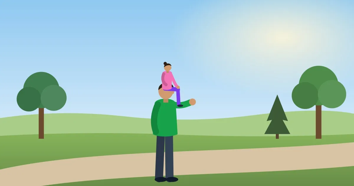 Illustration of a father carrying his young daughter on his shoulders along a sunny walking trail