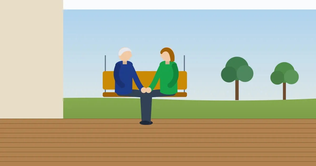 Illustration of an adult daughter talking warmly with her elderly father on a porch swing
