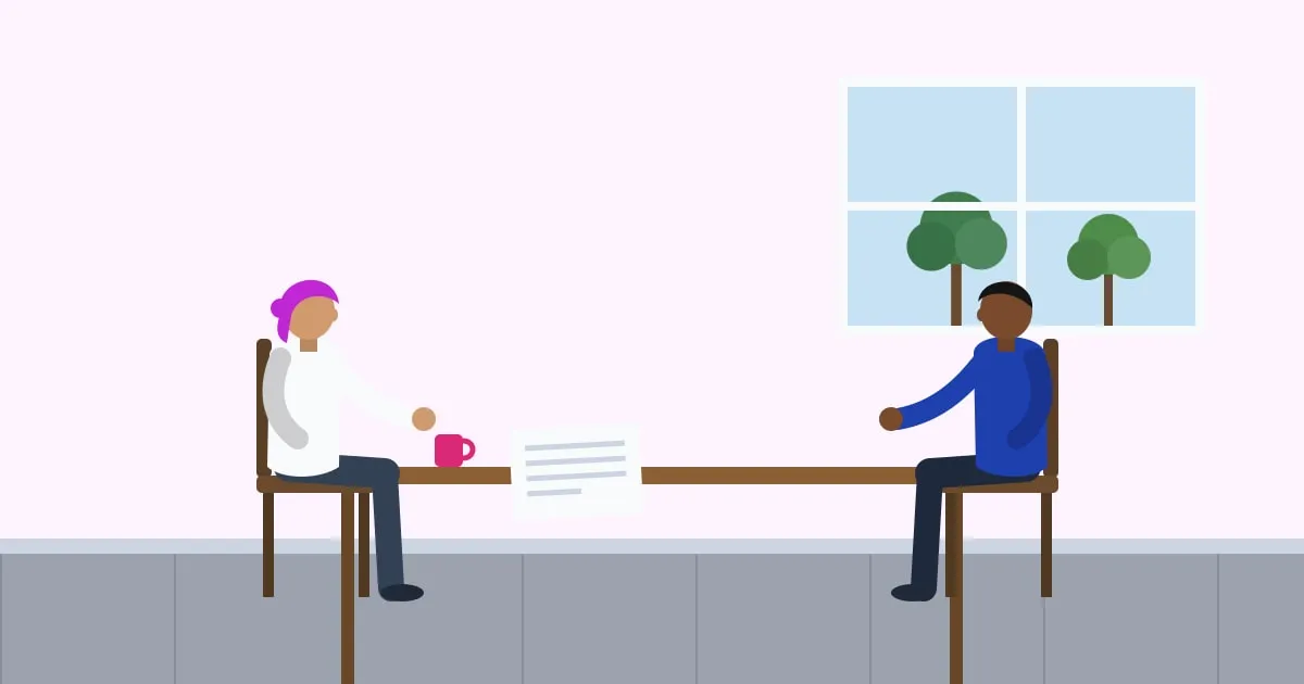 Illustration of a woman wearing a headscarf smiling as she meets with an insurance advisor in a bright office