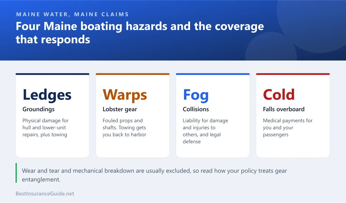 Panel of four Maine boating hazards and the insurance coverage that responds to each