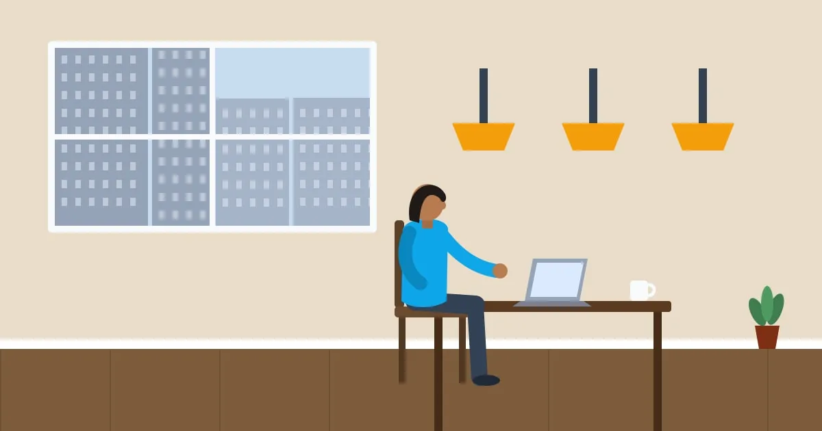 Illustration of a person researching on a laptop at a café table