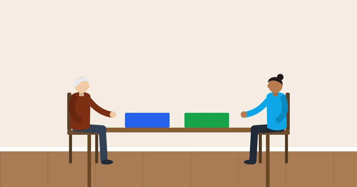 Illustration of an older man and his caregiver comparing two folders of paperwork at the dining table