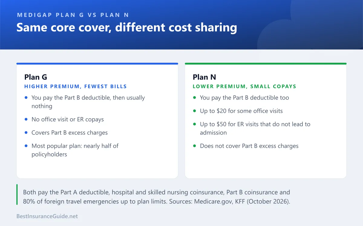 Comparison of Medigap Plan G and Plan N showing that both cover the core Medicare gaps while Plan N adds office and ER copays and does not cover Part B excess charges