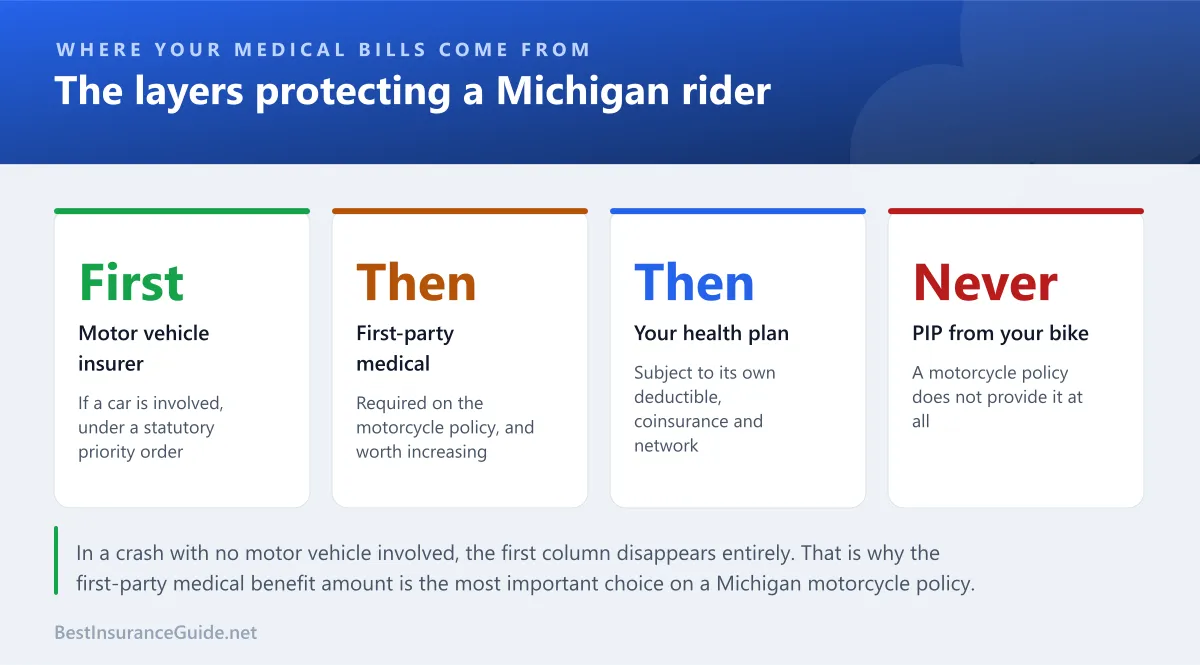 Statistics panel showing the layers of medical protection available to a Michigan motorcyclist, from required first-party benefits through motor vehicle no-fault to health insurance