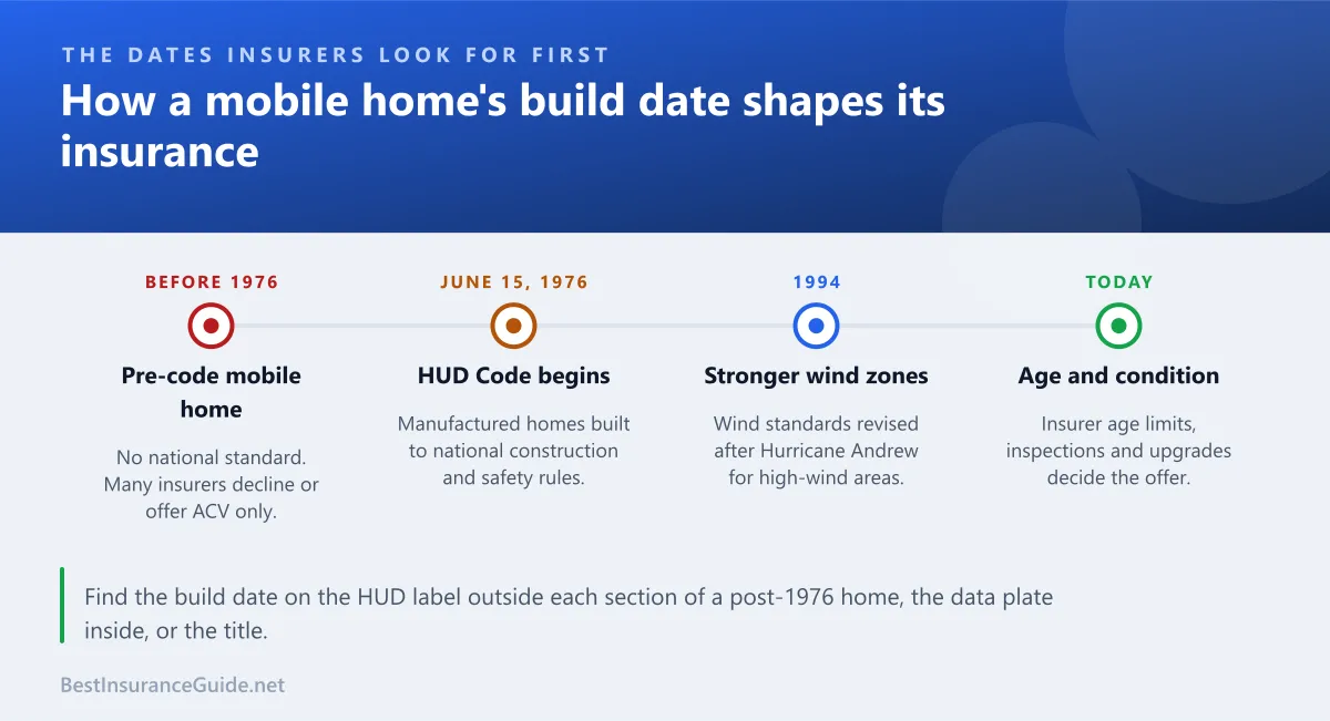 Timeline of the key dates that affect how an older mobile or manufactured home is insured
