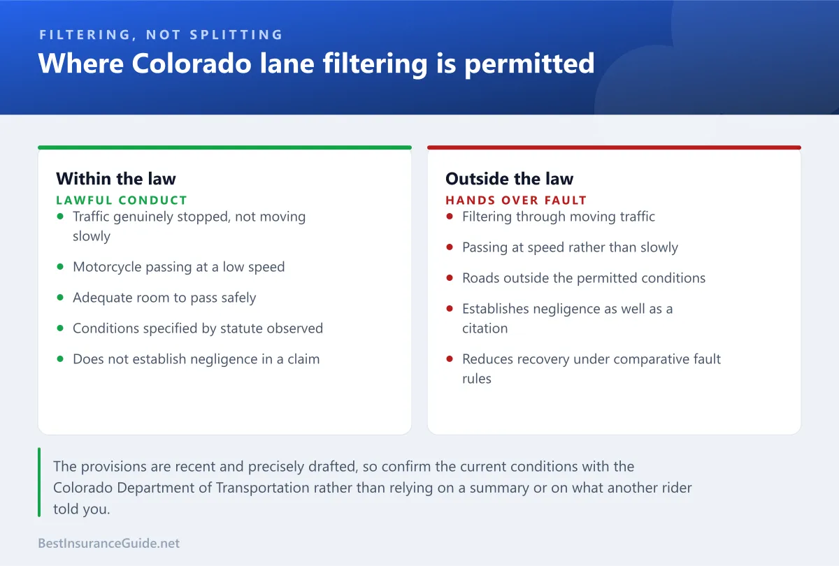 Comparison panel setting out where Colorado lane filtering is permitted and where it is not, and why the distinction matters to a claim
