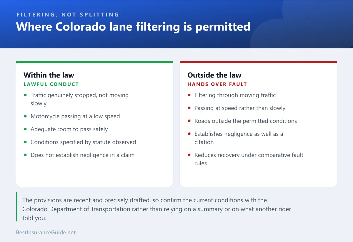 Comparison panel setting out where Colorado lane filtering is permitted and where it is not, and why the distinction matters to a claim