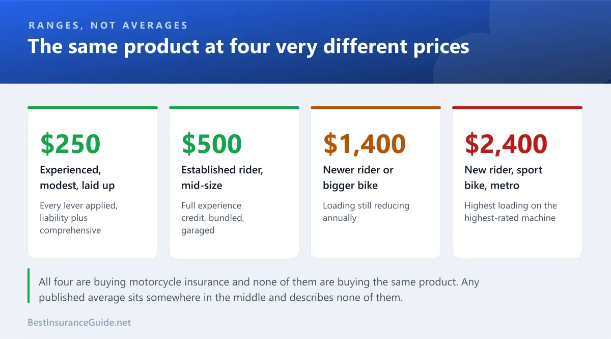 Statistics panel showing indicative motorcycle premium ranges across rider and bike profiles rather than a single misleading average