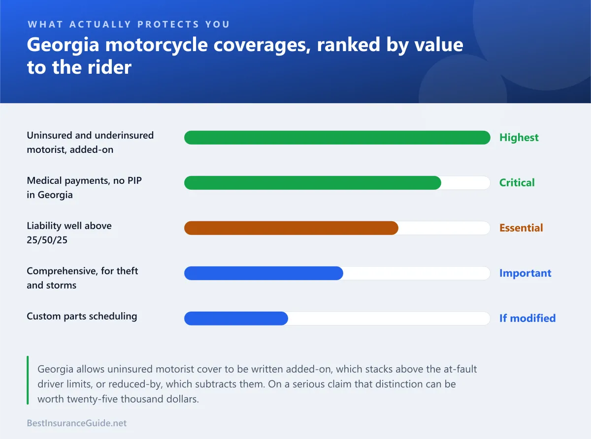 Bar chart ranking motorcycle coverages by how much they protect a Georgia rider, with uninsured motorist and medical payments highest