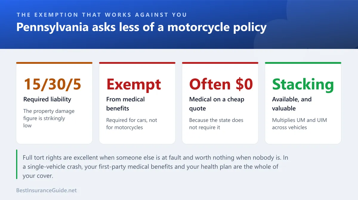 Statistics panel showing Pennsylvania motorcycle requirements alongside the medical benefits exemption and what riders should buy instead