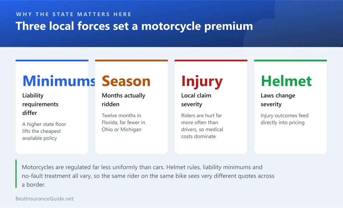 Statistics panel showing the three drivers of motorcycle insurance pricing by state: minimum liability requirements, riding season length, and local injury claim costs