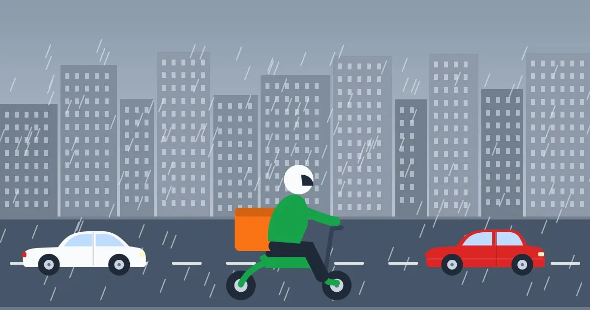 Illustration of a delivery rider on a scooter with an insulated delivery box riding through city traffic in the rain