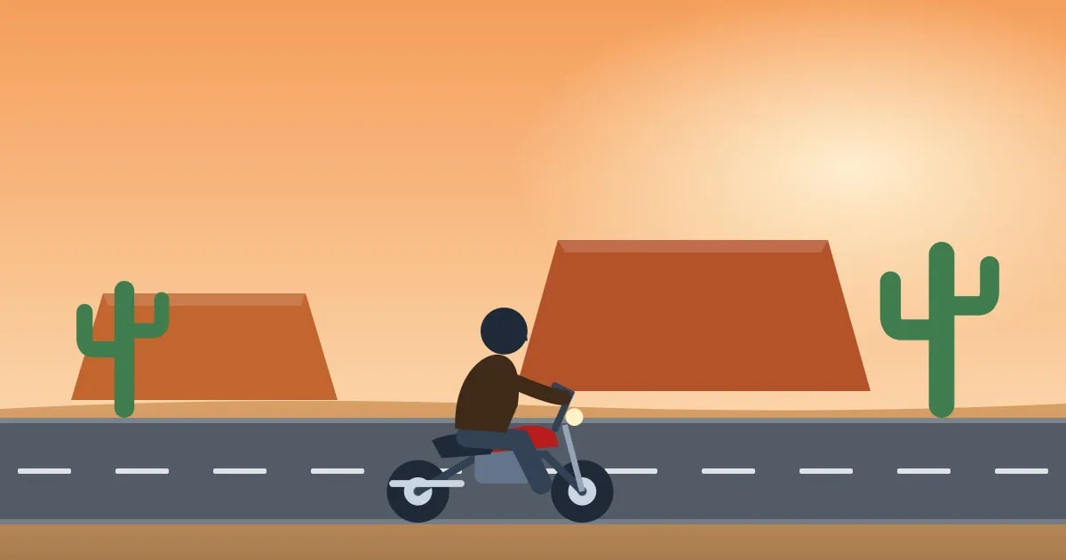 Illustration of a touring motorcycle on a desert highway past red rock formations and saguaro cactus