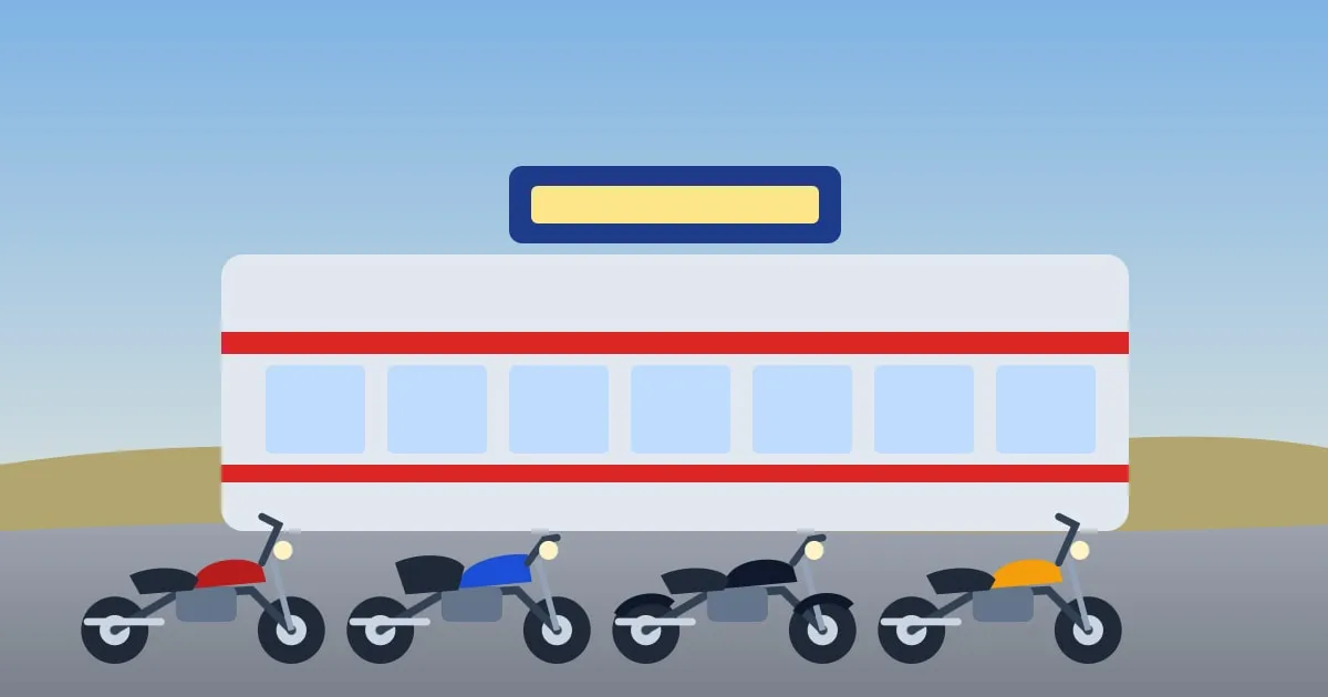 Illustration of a row of motorcycles parked outside a roadside diner on an American highway