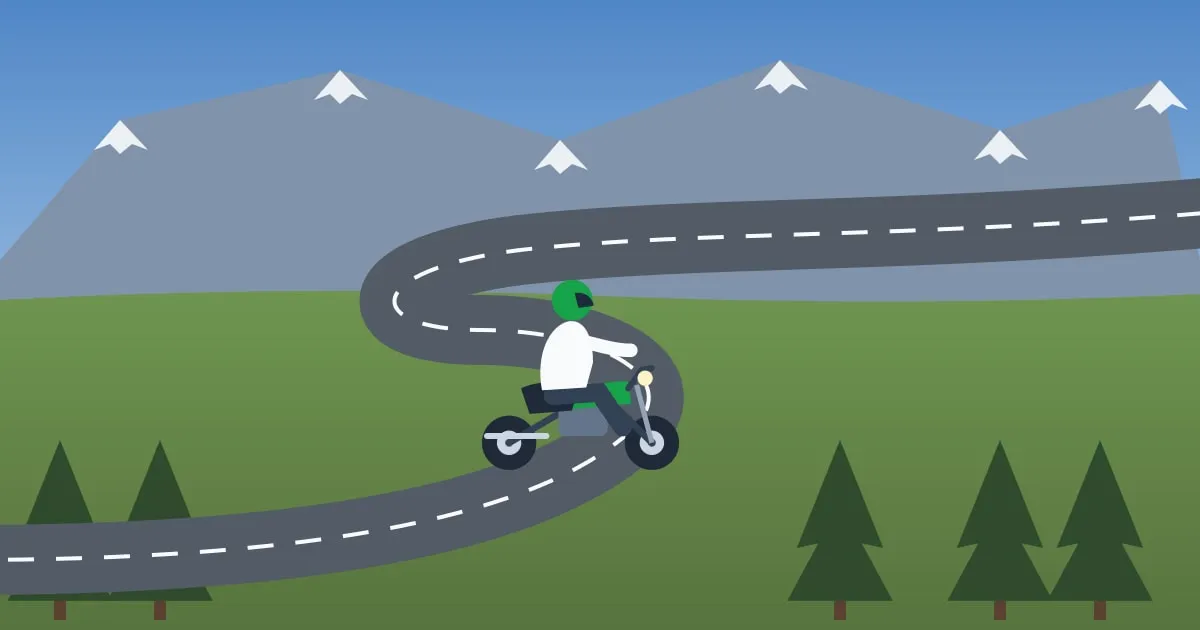 Illustration of a motorcycle rounding a hairpin turn on a Colorado mountain pass with pine forest and snowy peaks
