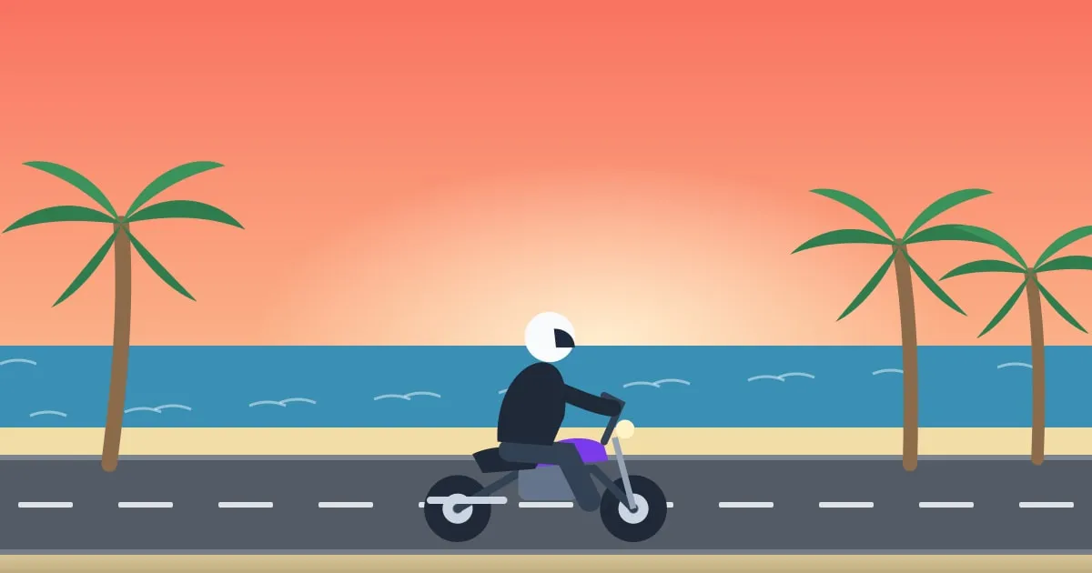 Illustration of a cruiser motorcycle on a beachside road lined with palm trees at sunset