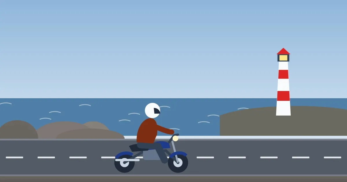 Illustration of a motorcycle on a coastal New England road past a white lighthouse and rocky shore